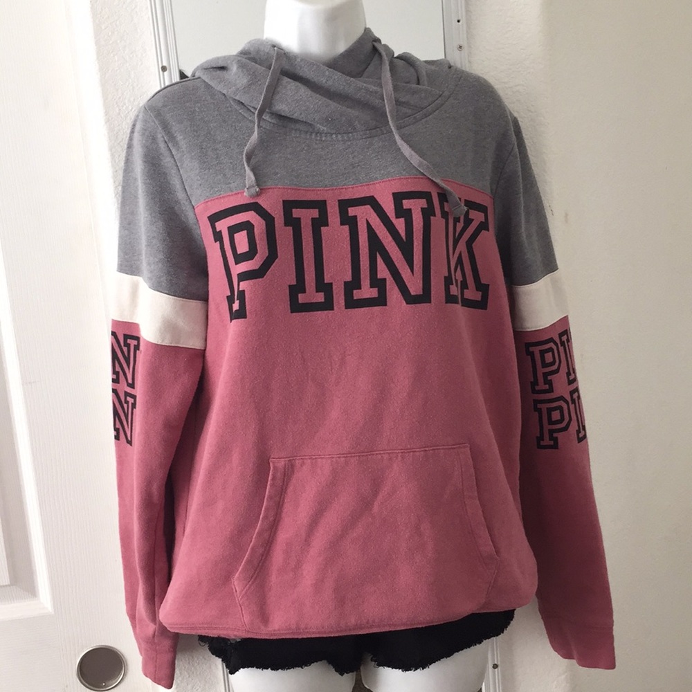 vicotoria’s secret pink, white, and grey hoodie